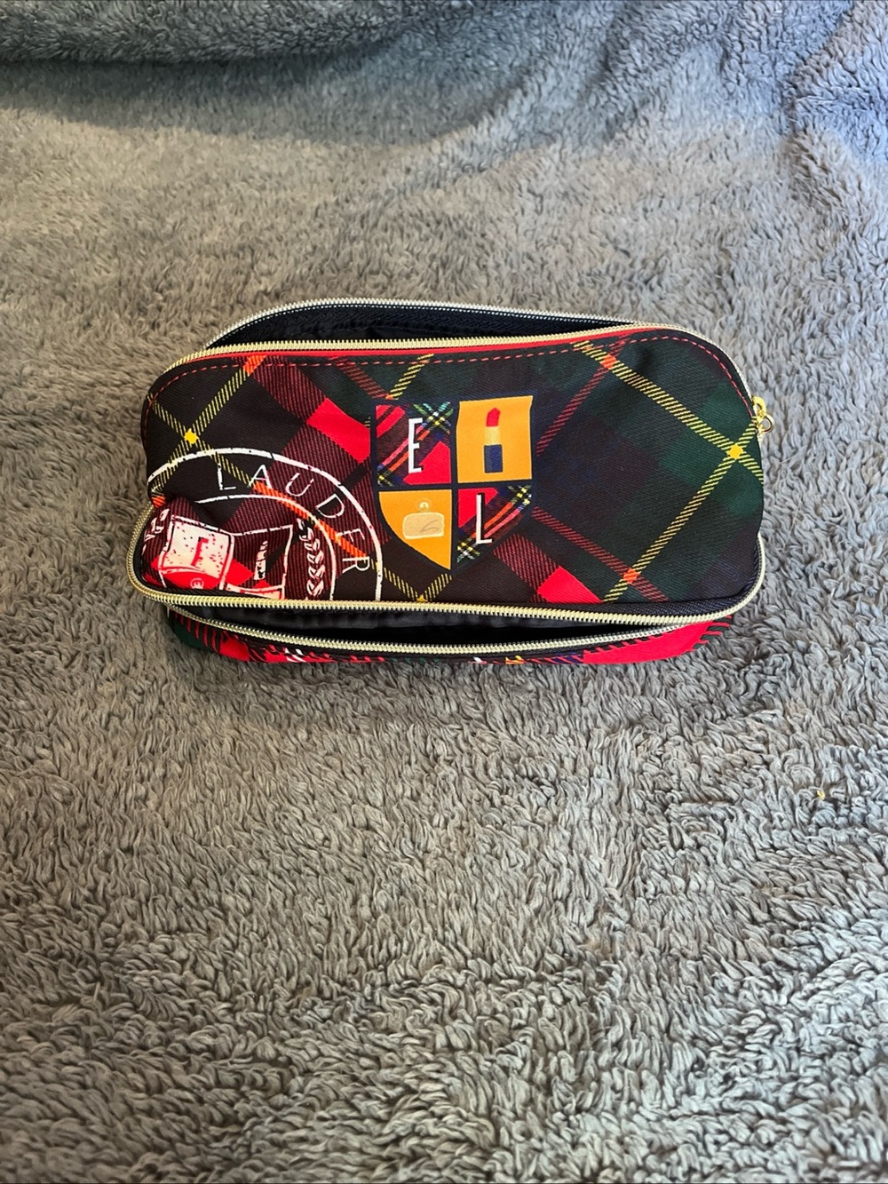 Estee Lauder Plaid Cosmetic Pouch in Red, Green & Black